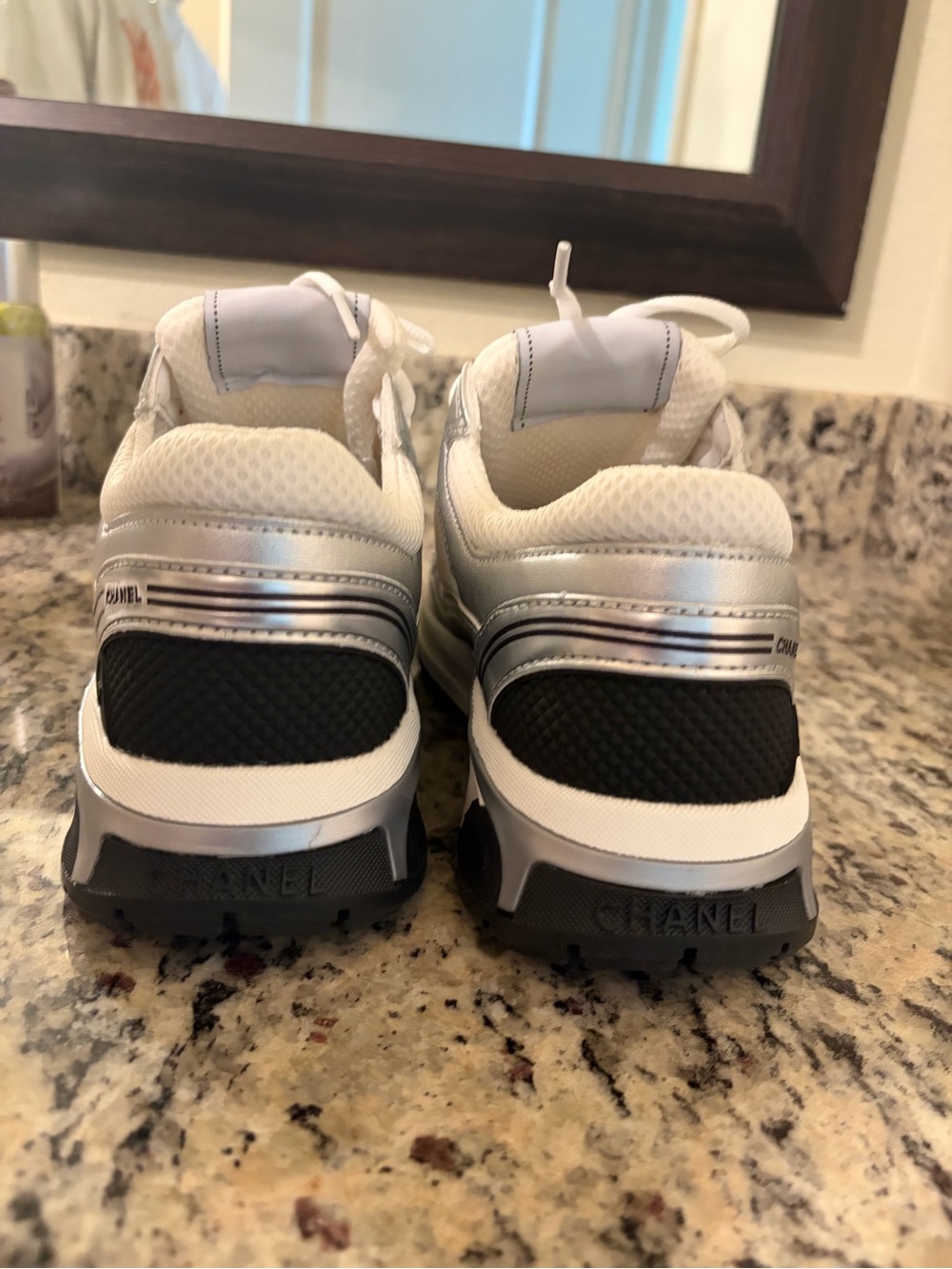 CHANEL White Silver Metallic CC Logo Sneakers - Picture 4 of 6